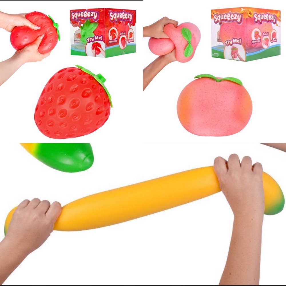 Bundle of Viral Squeezy Banana, Strawberry, and Peach Squishy’s